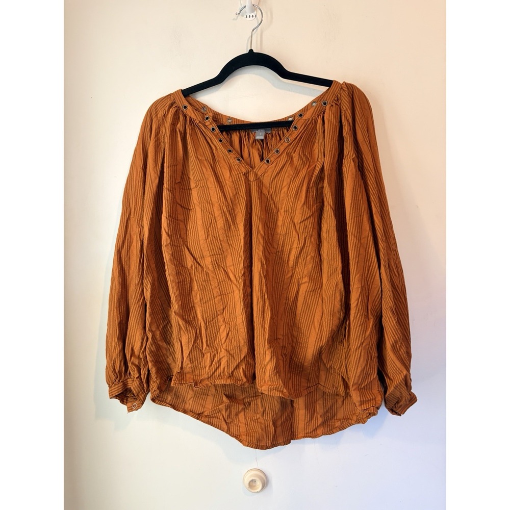 Aerie Lightweight V Neck Blouse‎ Striped Rust Size Medium Puff Sleeve Boho Loose